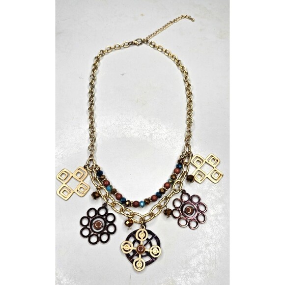 Gold Tole Layered Beaded Square Circle Eclectic Statement Necklace 19"L - Picture 2 of 4